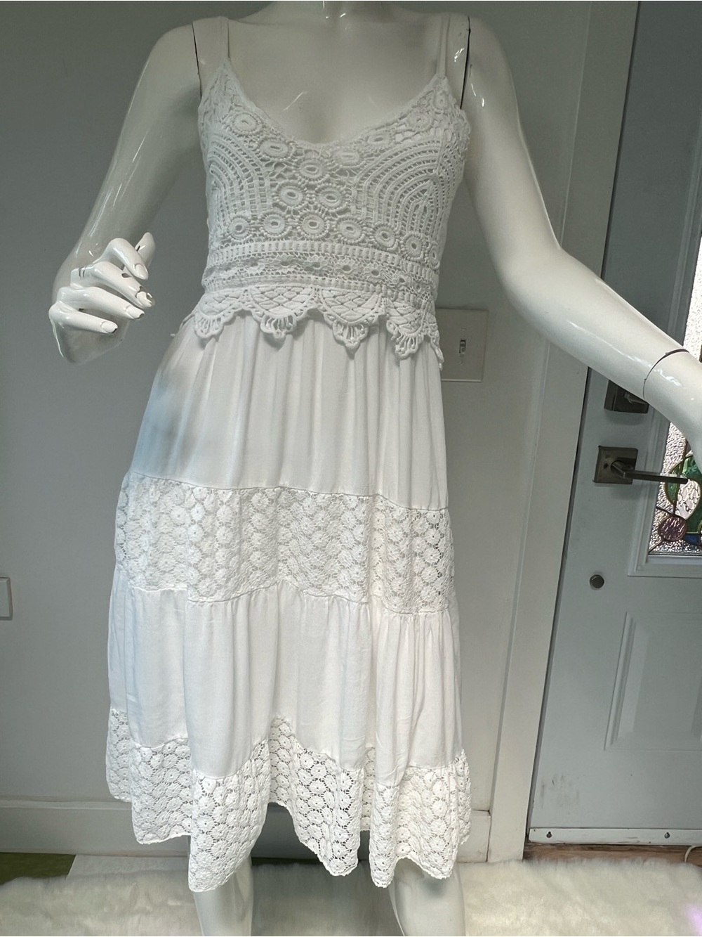 White Boho Lace Crochet Tired  Midi  Dress spaghetti straps Summer Beach